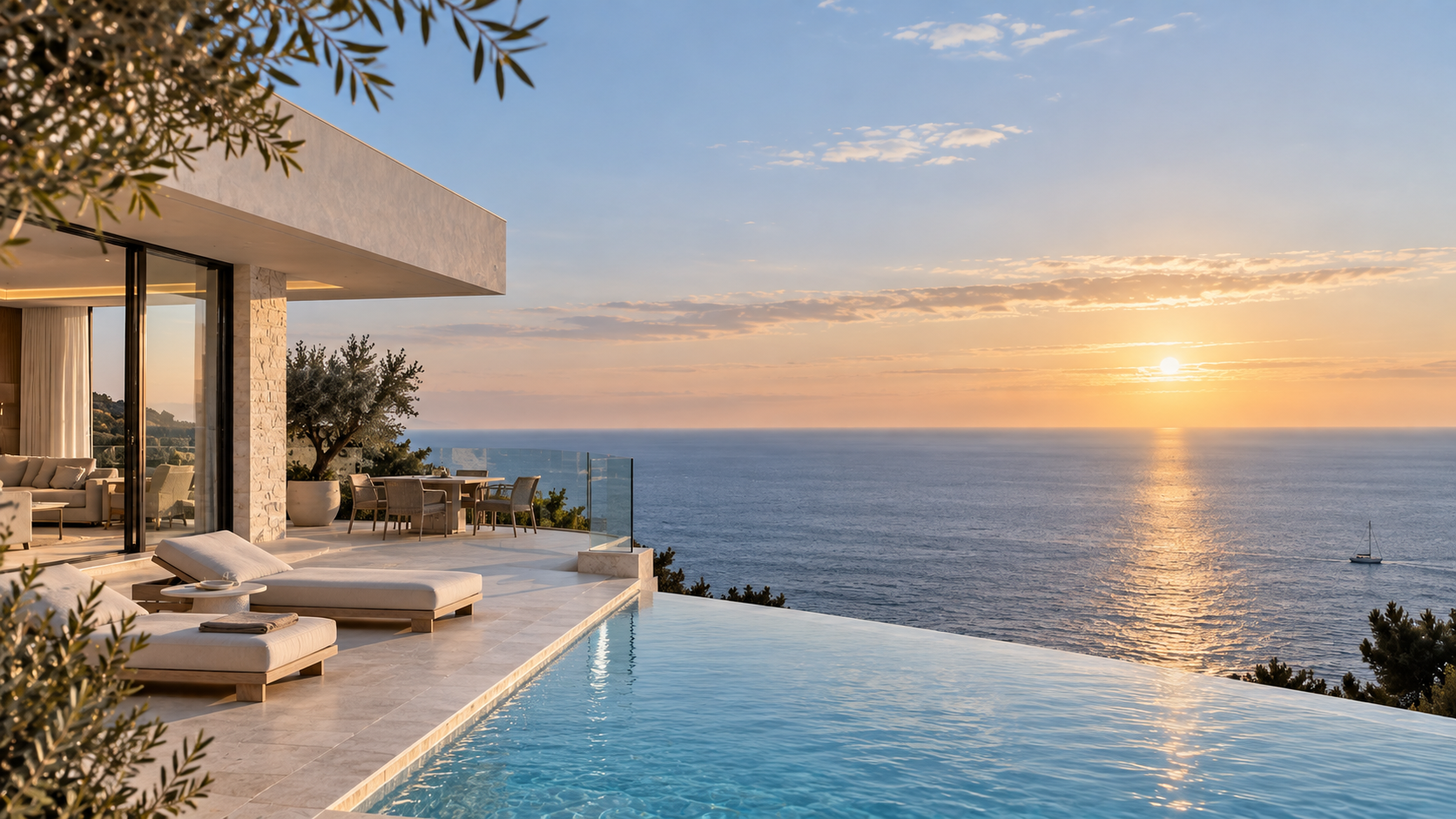 Private Riviera terrace with infinity pool overlooking the Mediterranean at sunset