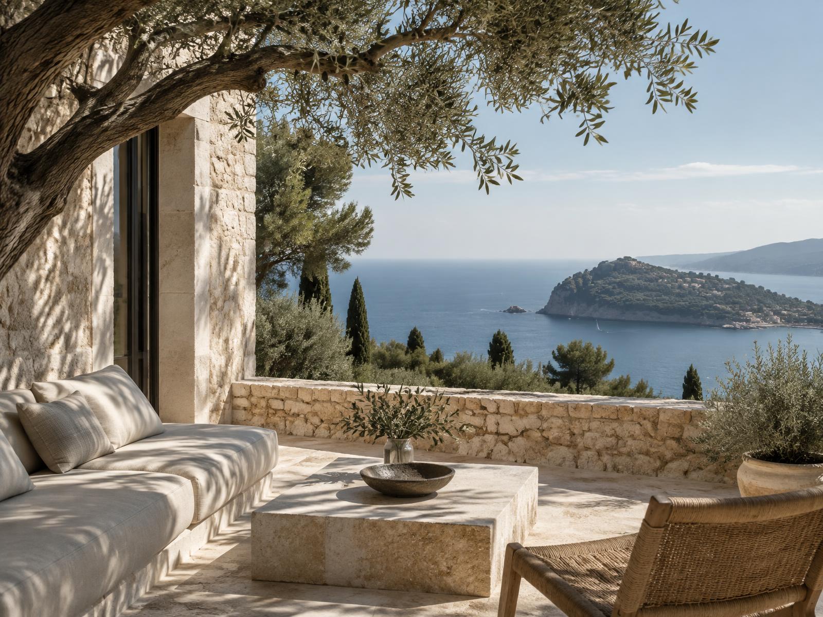 Stone terrace and Mediterranean landscape